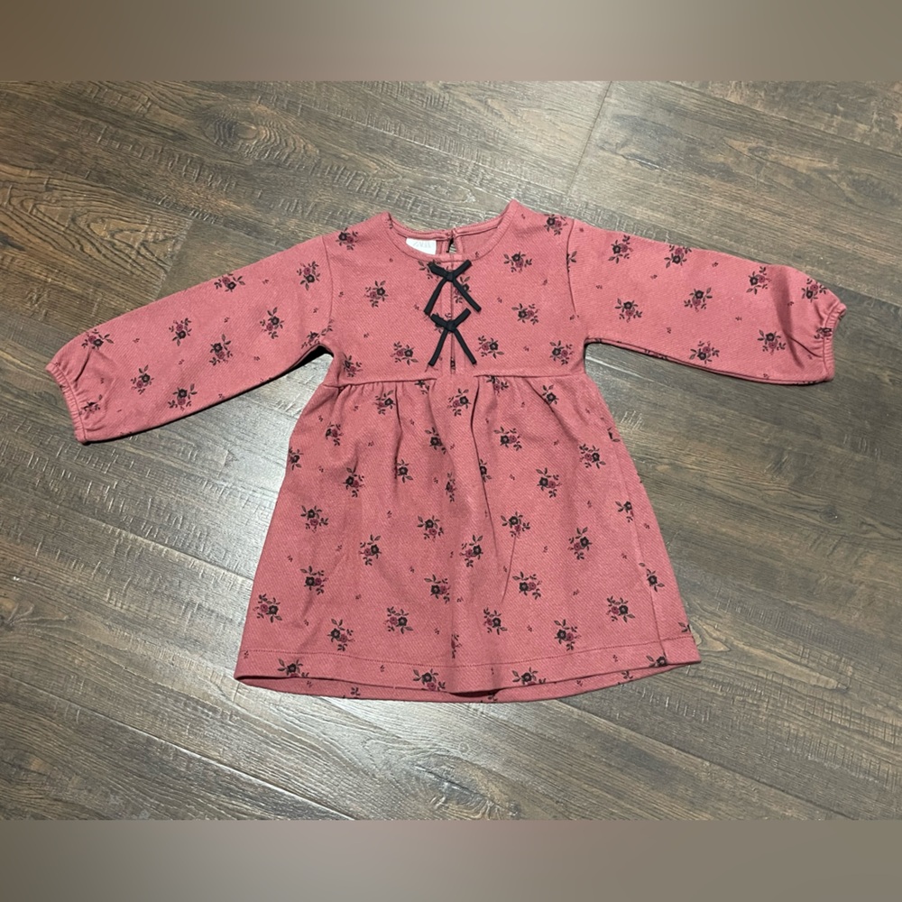 NWT Zara Dusty Rose Floral Long-Sleeve Dress with Black Bows